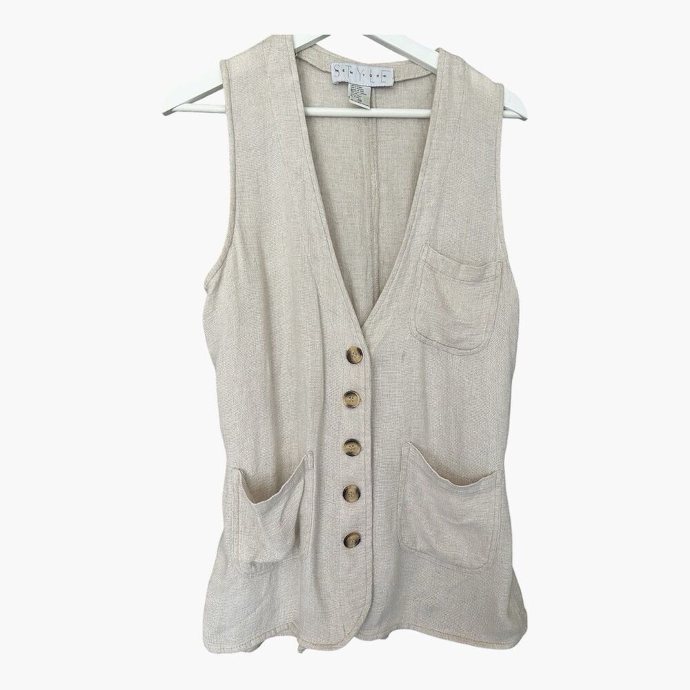 Y2K Vtg Jones New York Linen Blend Vest M Beige Patch Pockets Adj. Waist Lagenlo